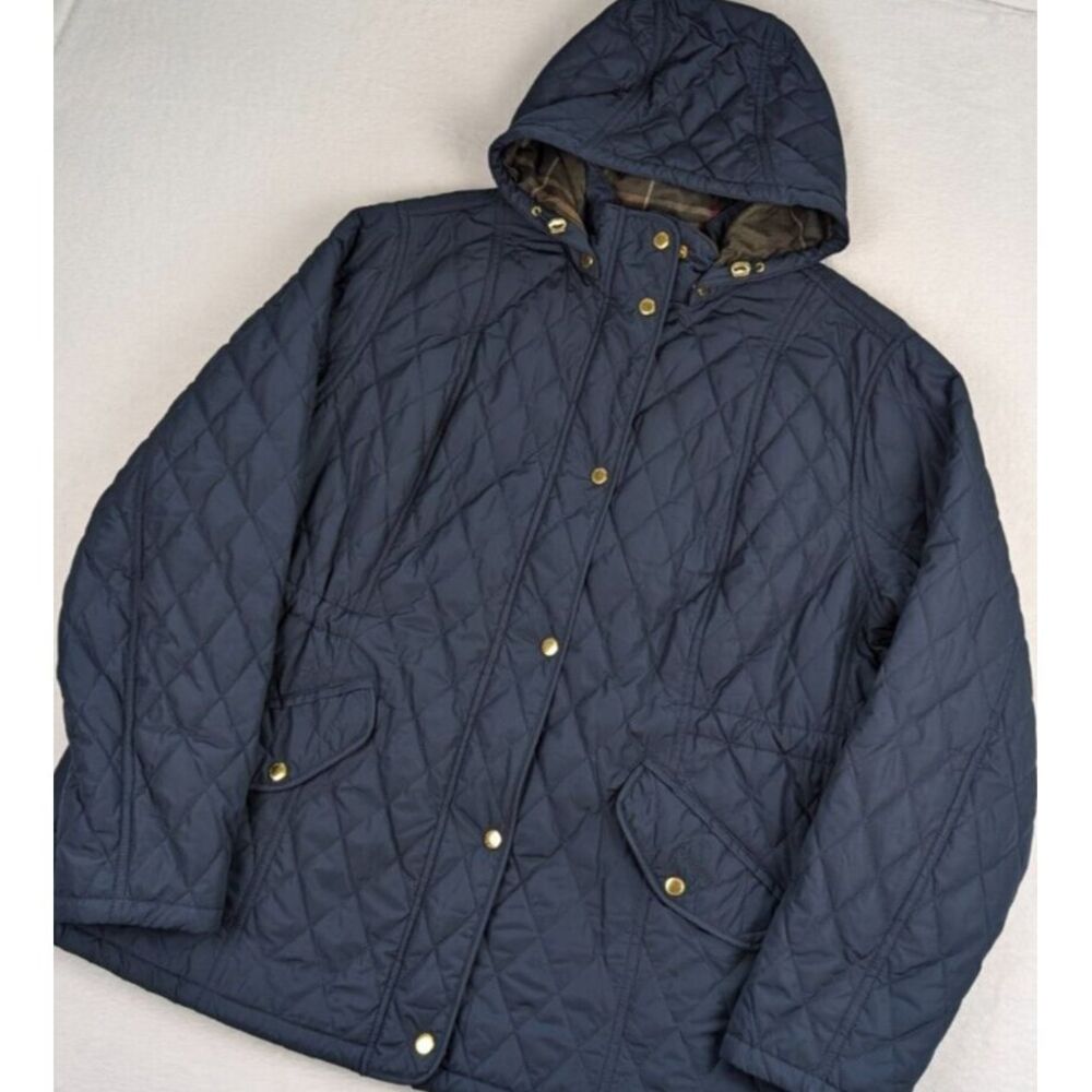 Barbour Millfire Tartan Quilted Jacket Womens 2X Navy Blue Hooded